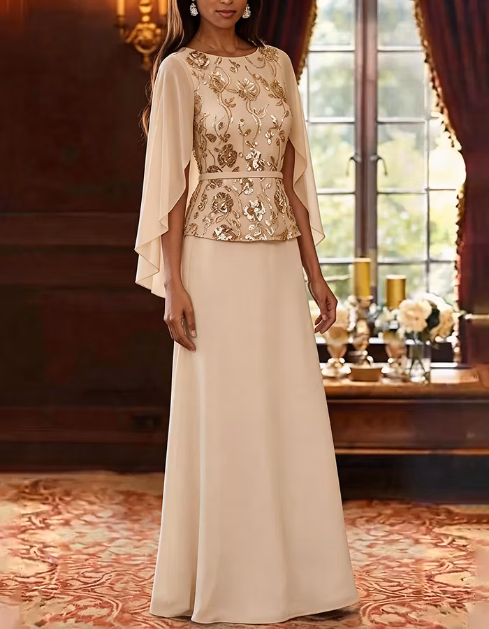 Champagne Cape Sleeve Gold Floral Sequin Peplum Chiffon Maxi Dress