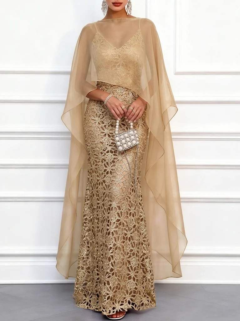 Champagne Lace Classic Boat Neck Cap Sleeve Mermaid Floor Length Dress