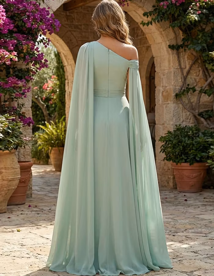 Sage Green One Shoulder Cape Sleeve Chiffon Maxi Dress