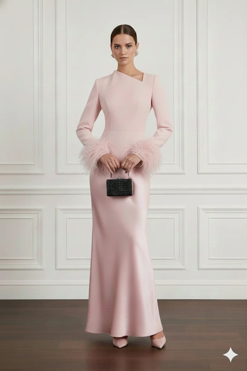 Women Pink Feather-trimmed Asymmetrical Long Sleeve Dressy Top With Skirt Two-Piece Set