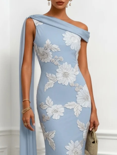 Light Blue 3D Floral Classic One Shoulder Sleeveless Mermaid Floor-length Gown Dress