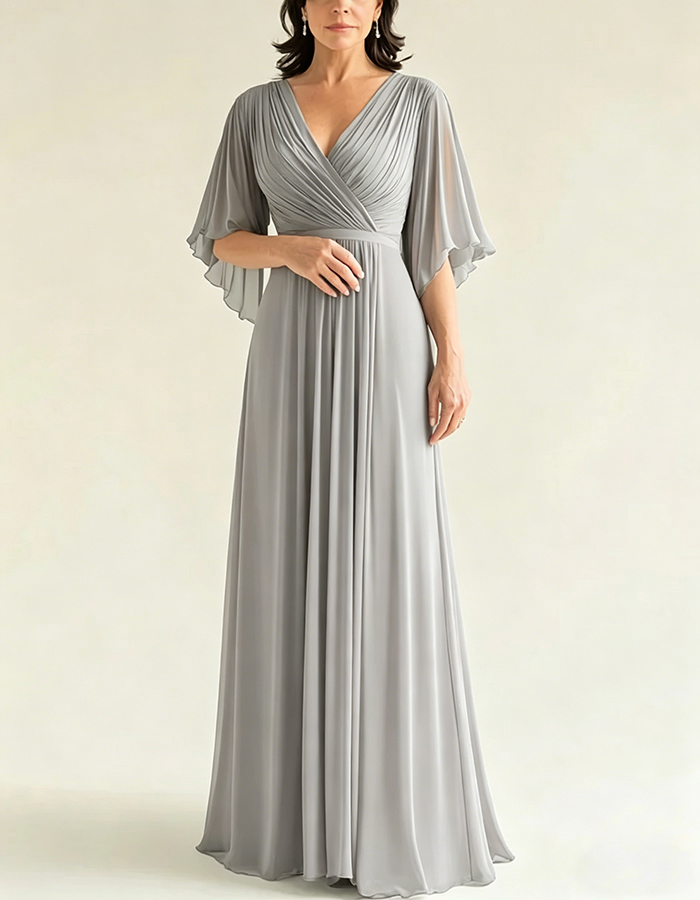 Grey Green Chiffon V-Neck Flutter Sleeves Maxi Dress