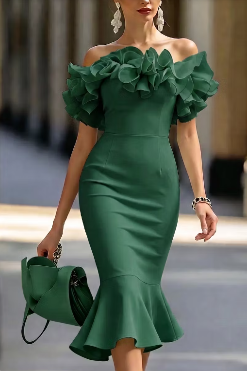 Chiffon Ruffle Waist-Cinching Hip-Hugging Fishtail Midi Dress