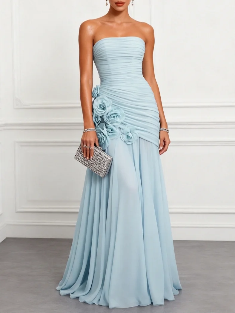Blue Ruched 3D Floral Chiffon Strapless Sleeveless A-Line Floor Length Dress