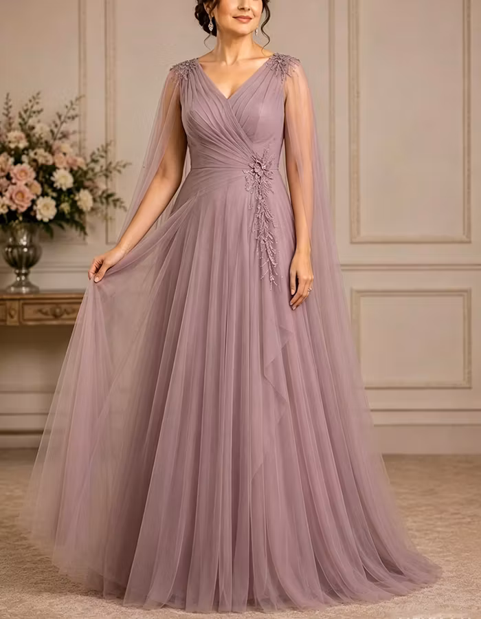 Dusty Purple V-Neck Capelet Tulle Maxi Dress