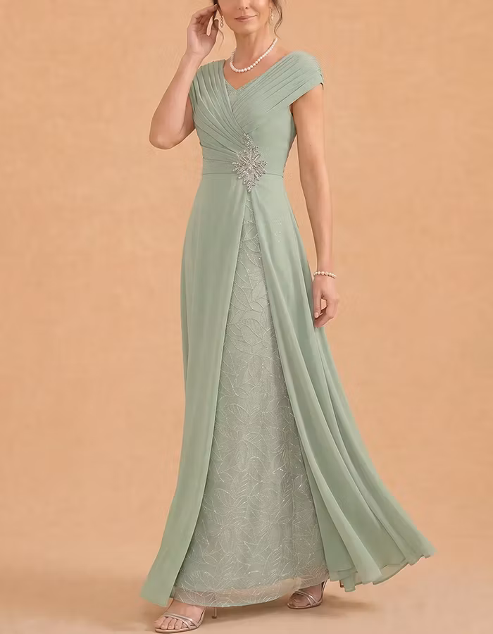 Sage Green V-Neck Beaded Waist Chiffon Maxi Dress