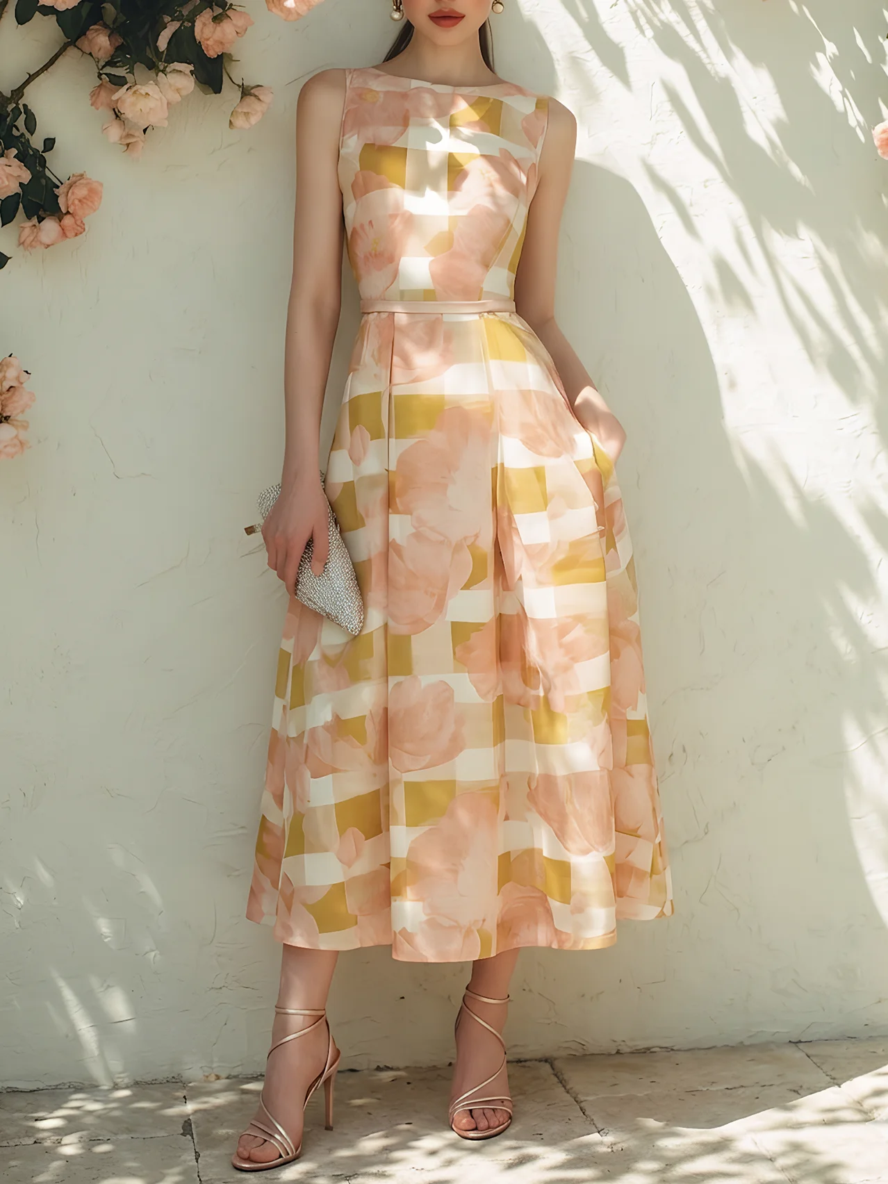 Yellow Floral Satin Boat Neck Sleeveless A-Line Midi Dress