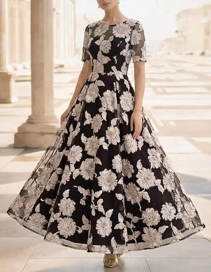 Sky Blue Round Neck 3D Floral Lace A-Line Ankle-length Dress