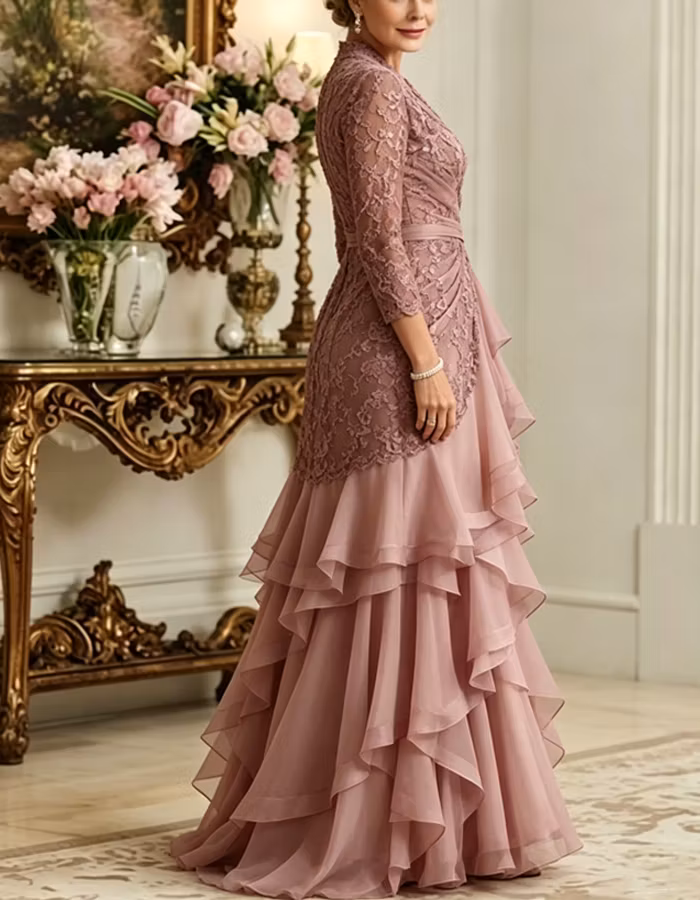 Grey Pink Lace Chiffon Layered Maxi Dress