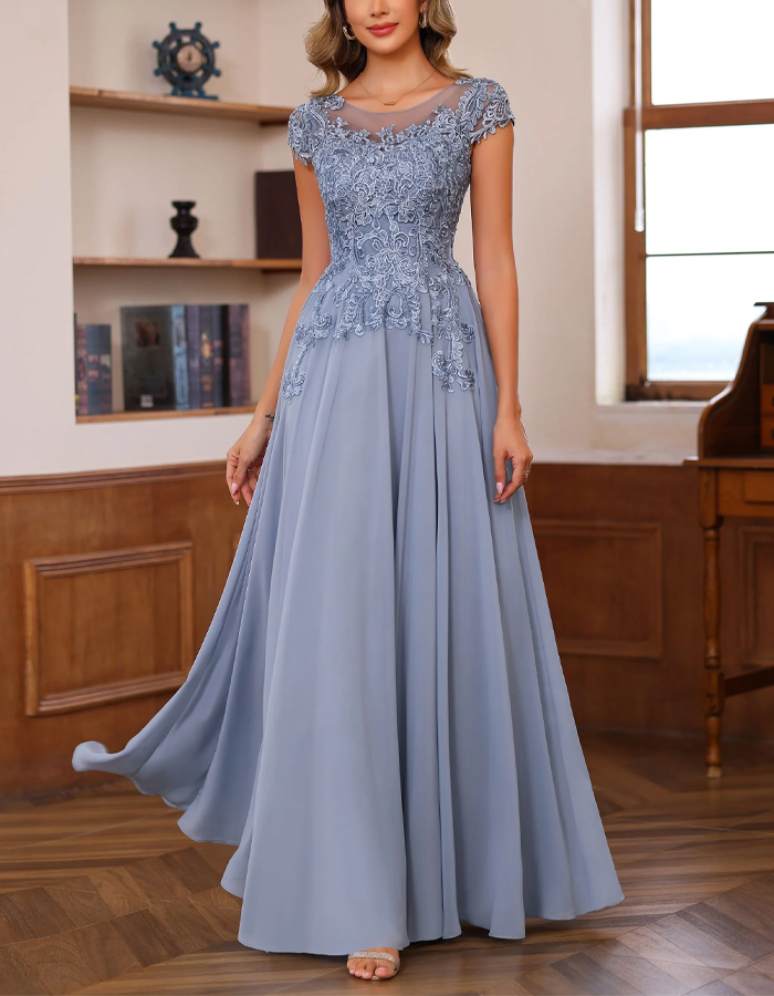 Blue Gray Chiffon Lace Patchwork Maxi Dress