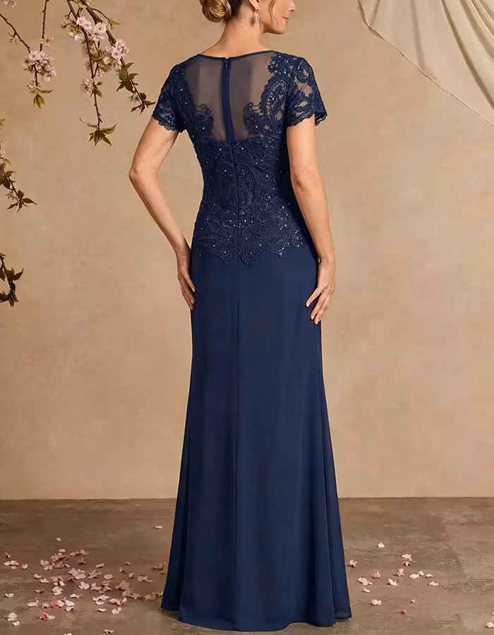 Navy Blue Lace Cap Sleeves Chiffon Maxi Dress