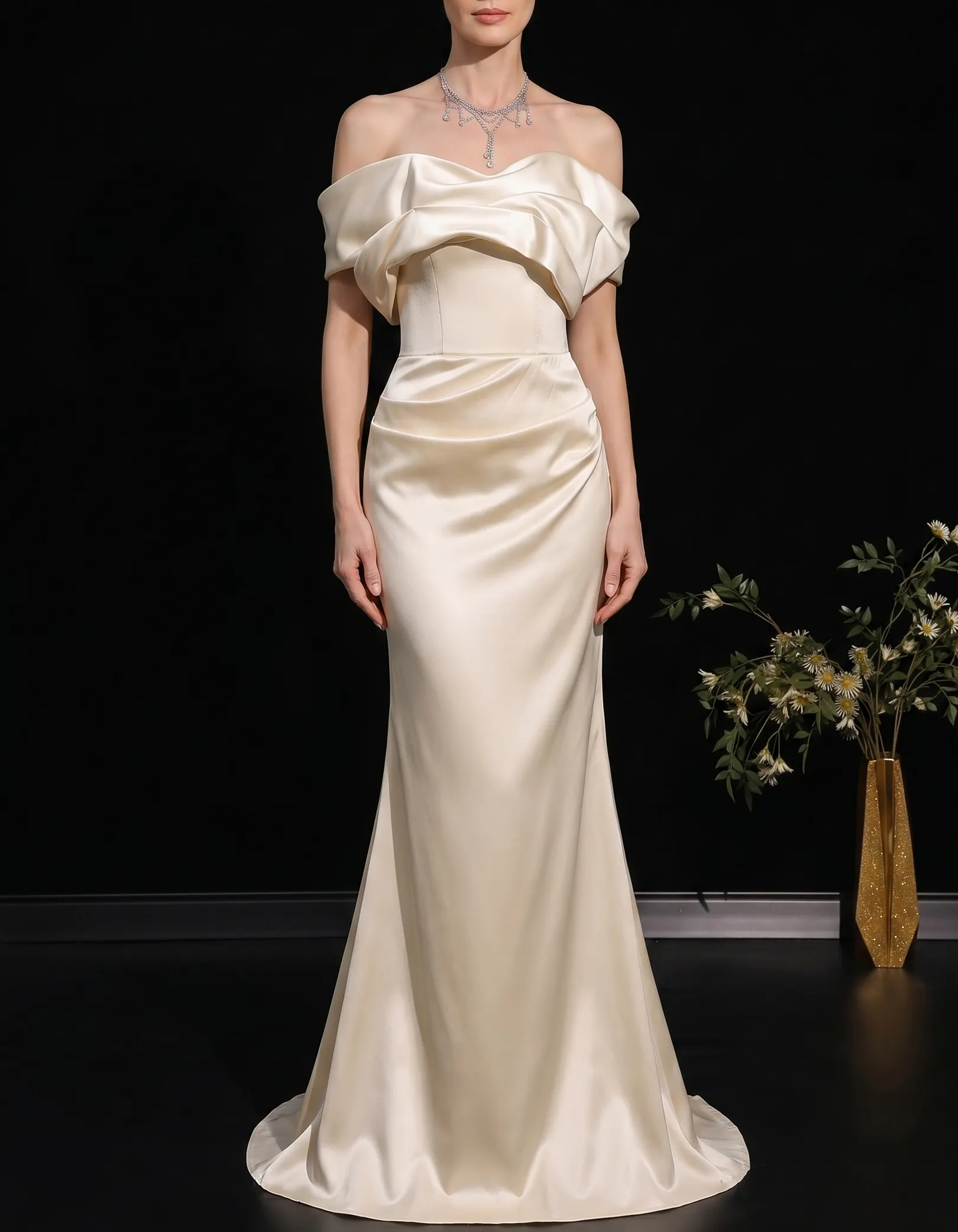 Light Champagne Satin Off-The-Shoulder Fishtail Maxi Dress