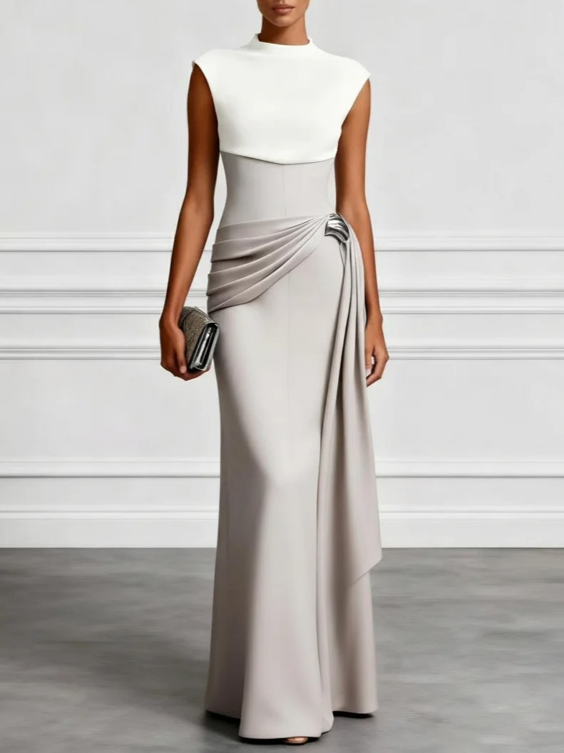 Gray Ruched Split Joint Satin Mock Neck Sleeveless Mermaid Gown Dress