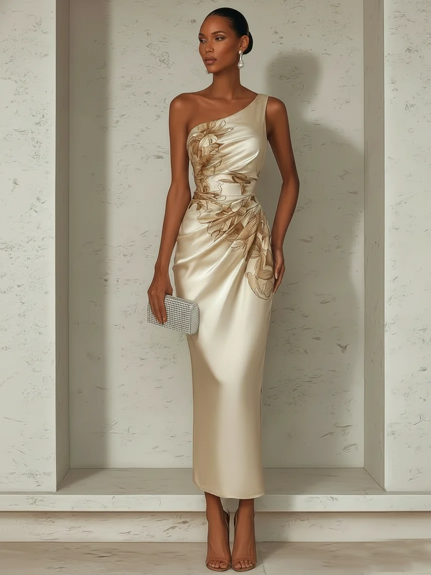 Champagne Floral Satin One Shoulder Sleeveless Sheath Maxi Dress