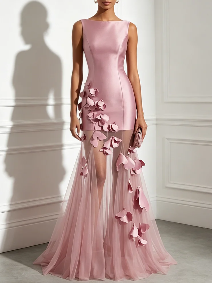 Pink 3D Floral Mesh Satin Boat Neck Sleeveless A-Line Floor-length Gown Dress