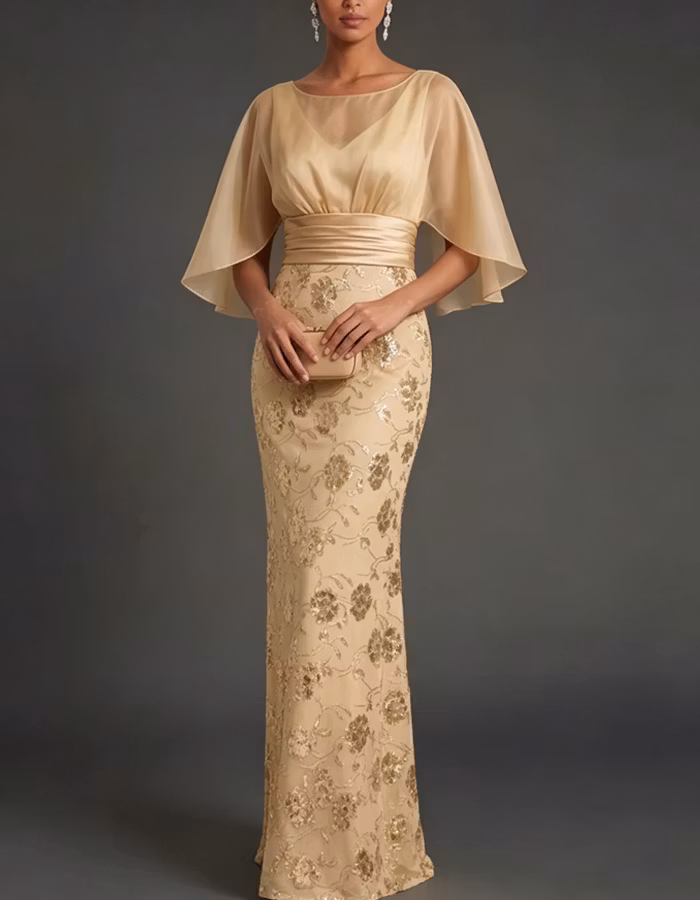 Champagne-colored Boat-neck Floral Lace Maxi Dress