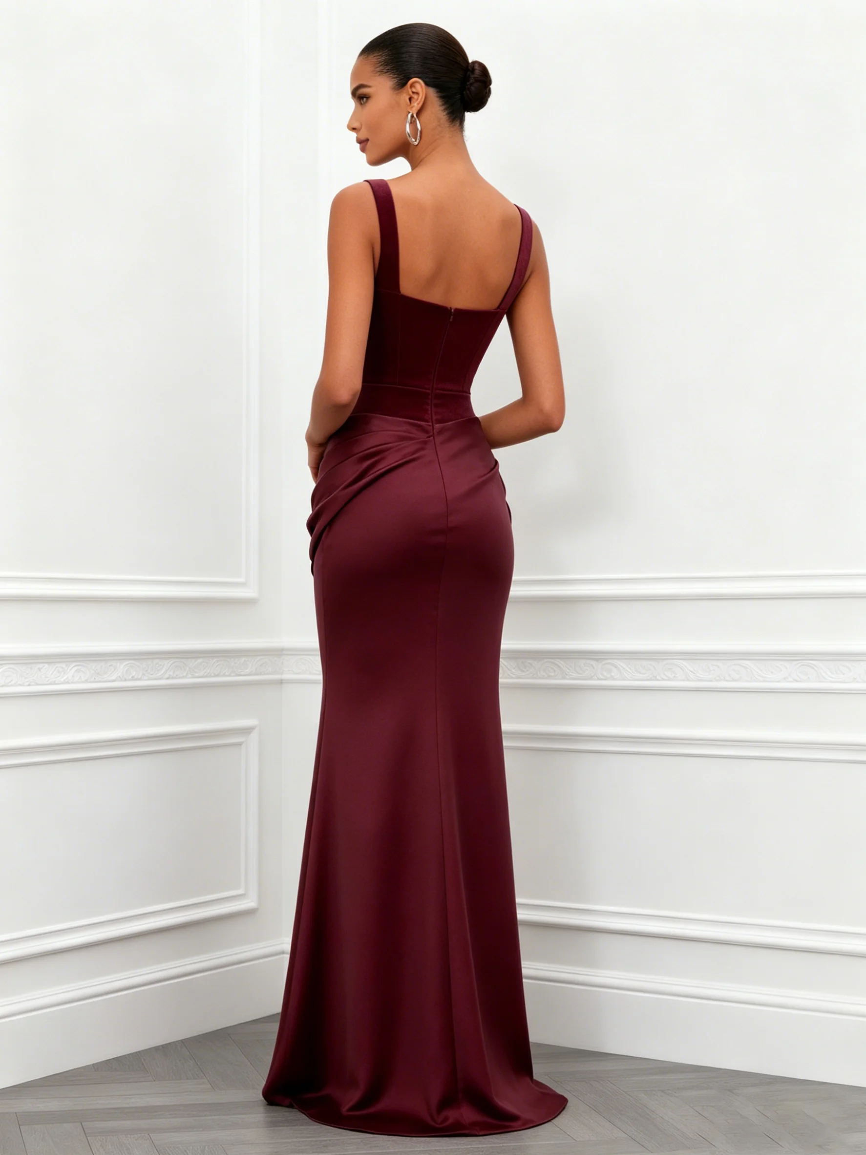 Wine Red Ruched Satin Square Neck Sleeveless Mermaid Floor-length Gown Dress