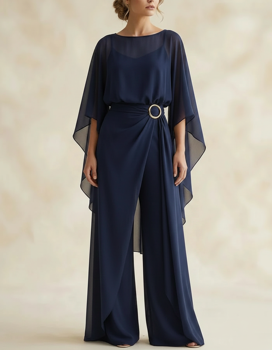 Elegant Chiffon Cape Sleeve Belted Wide Leg Jumpsuit