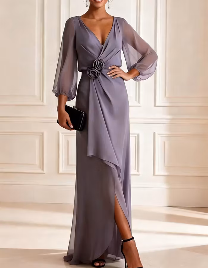 Sage green chiffon V-neck puff sleeve Maxi Dress