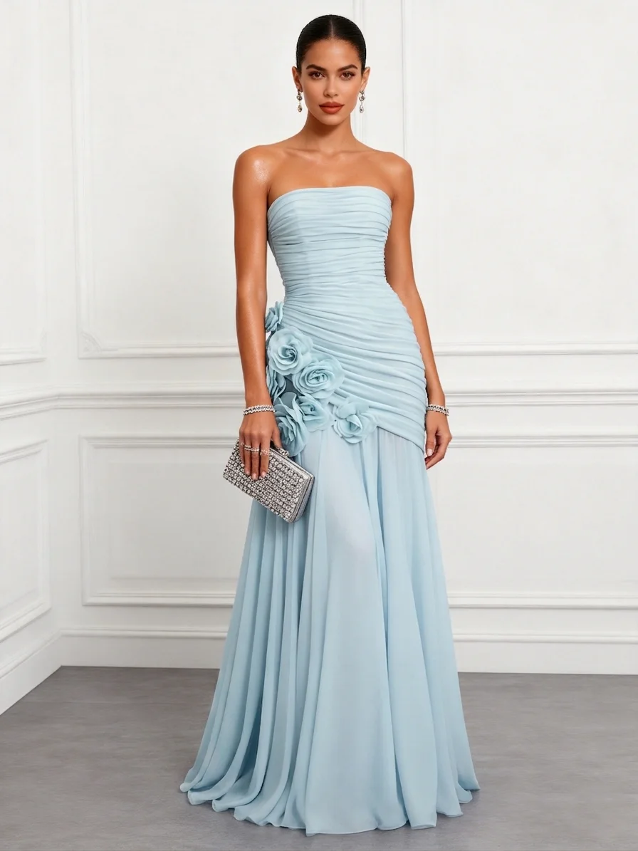 Blue Ruched 3D Floral Chiffon Strapless Sleeveless A-Line Floor Length Dress