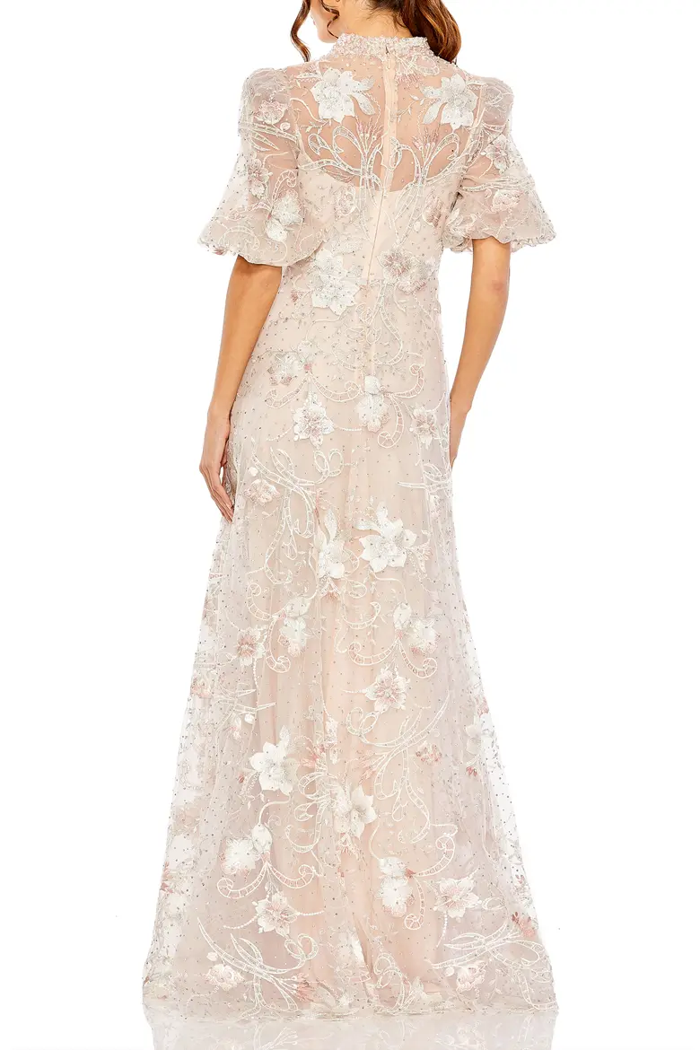 Elegant Embroidered Tulle Queen Anne High-Neck Gown