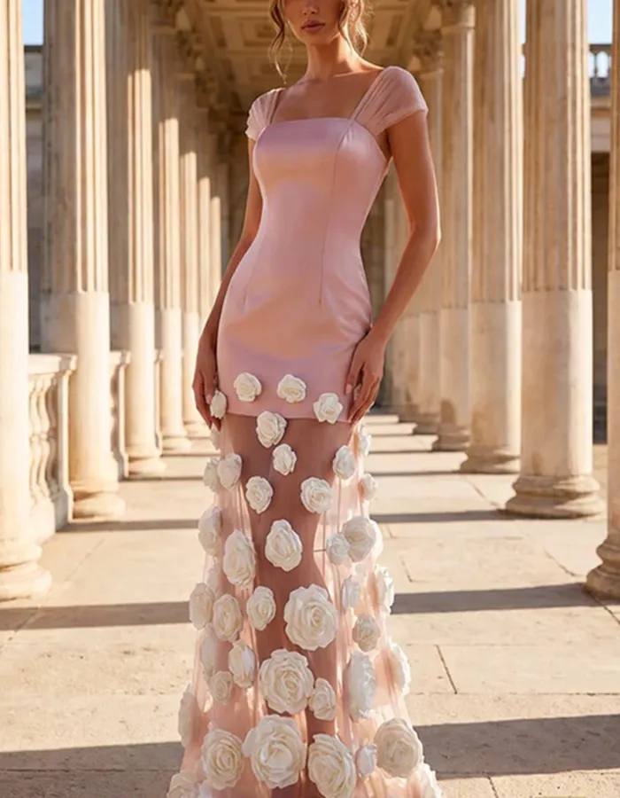 3D Floral Applique Satin and Tulle Maxi Dress