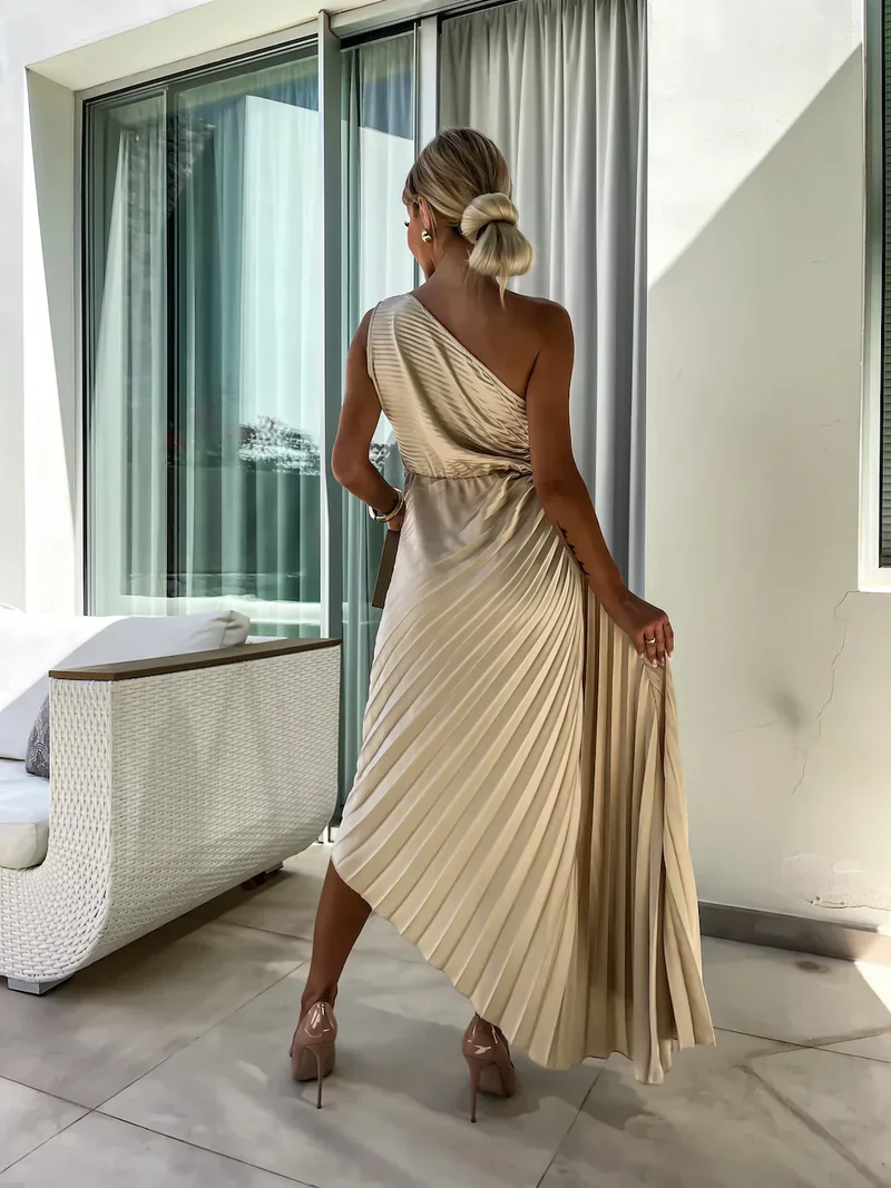 Formal Wedding Guest Dress: Green Satin Pleated Midi