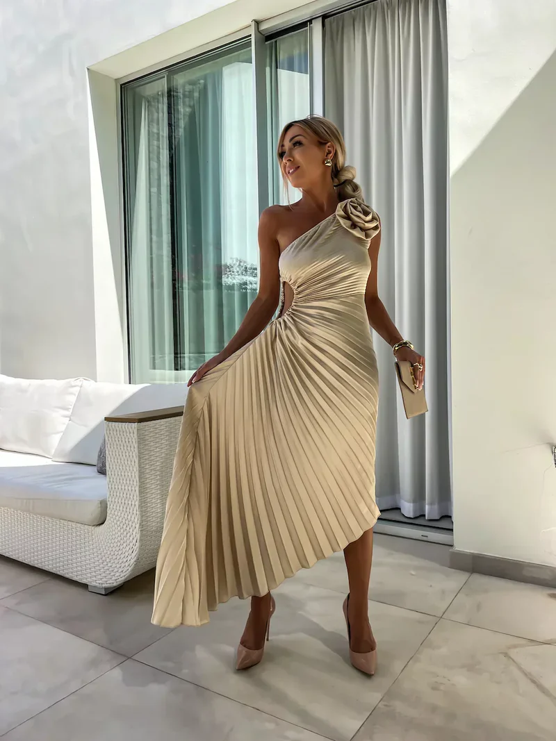 Formal Wedding Guest Dress: Green Satin Pleated Midi