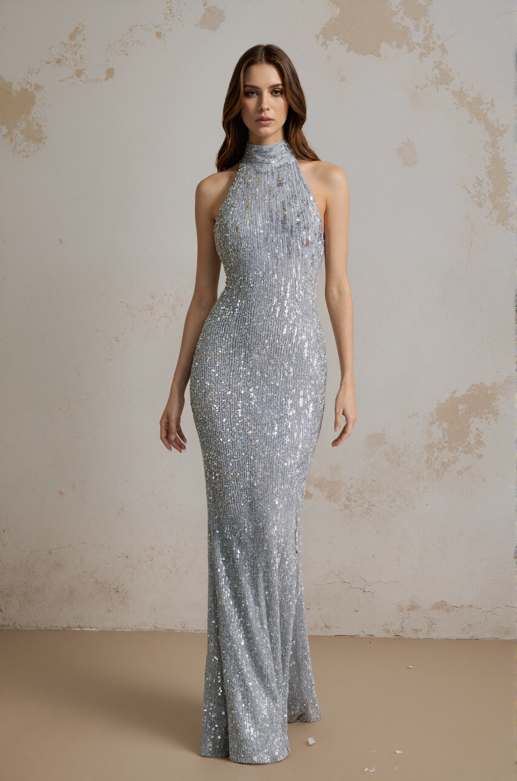 Silver Halter Sequins Mermaid Maxi Evening Dress