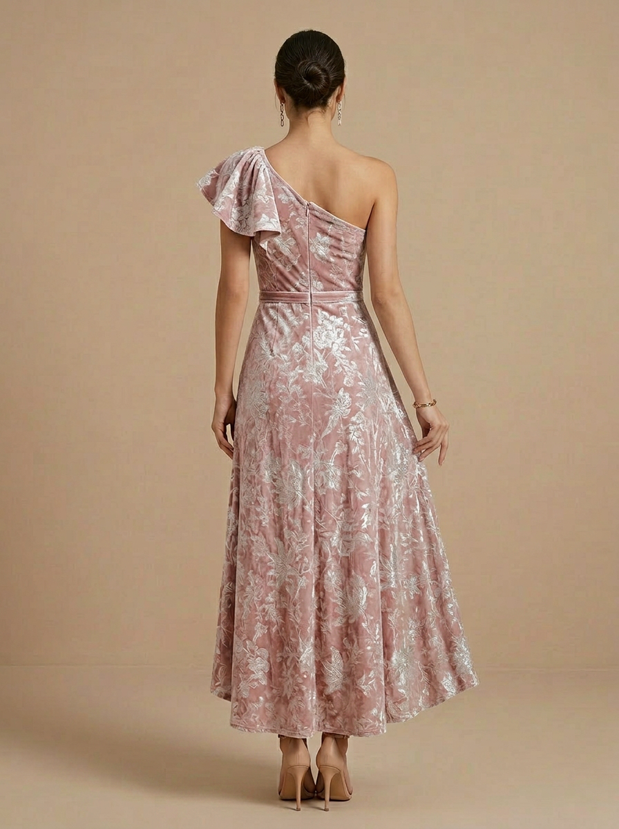 Romantic Floral Velvet One-Shoulder Gown