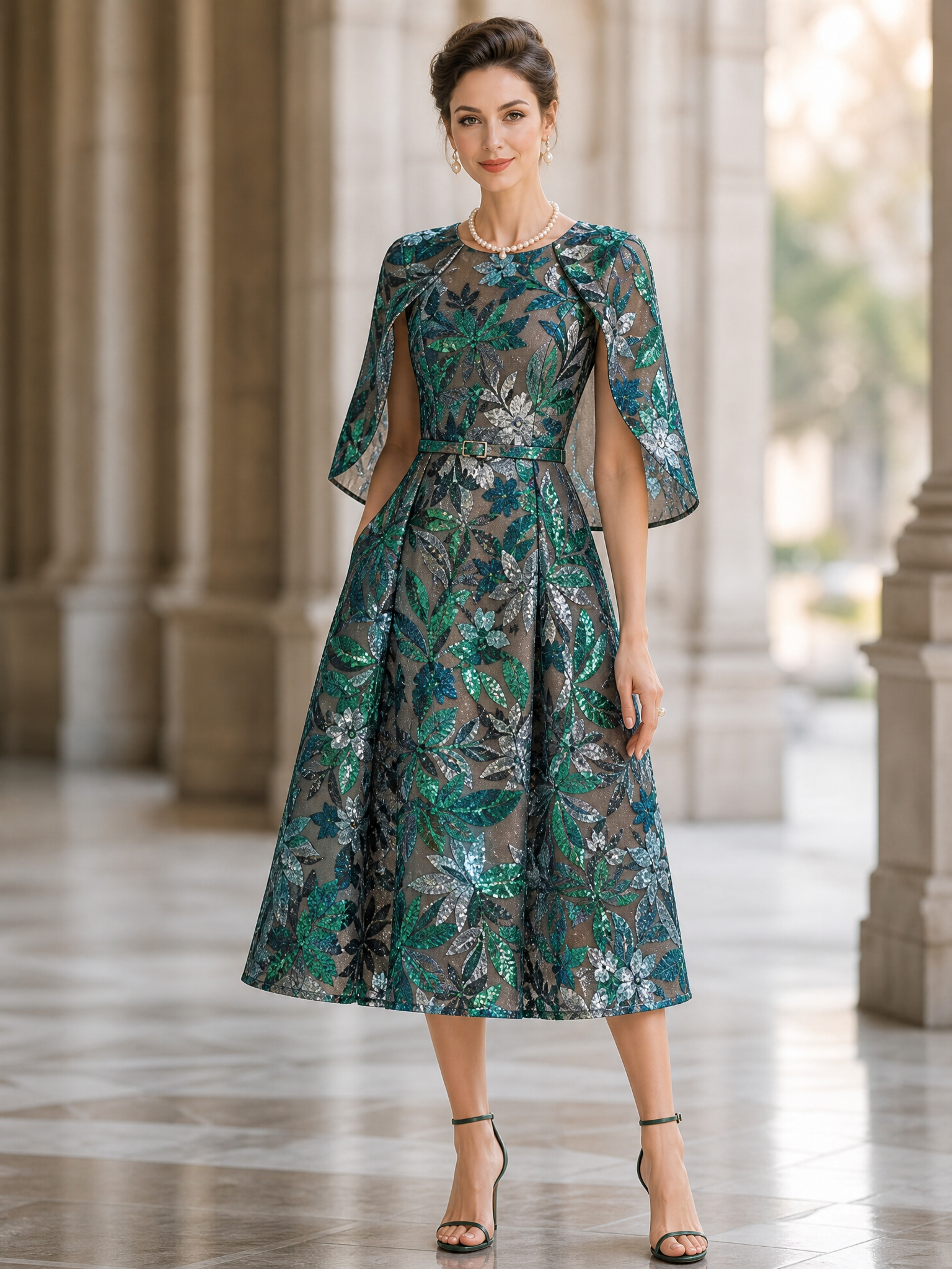 Enchanting Sequin Floral Midi Dress with Cape Overlay