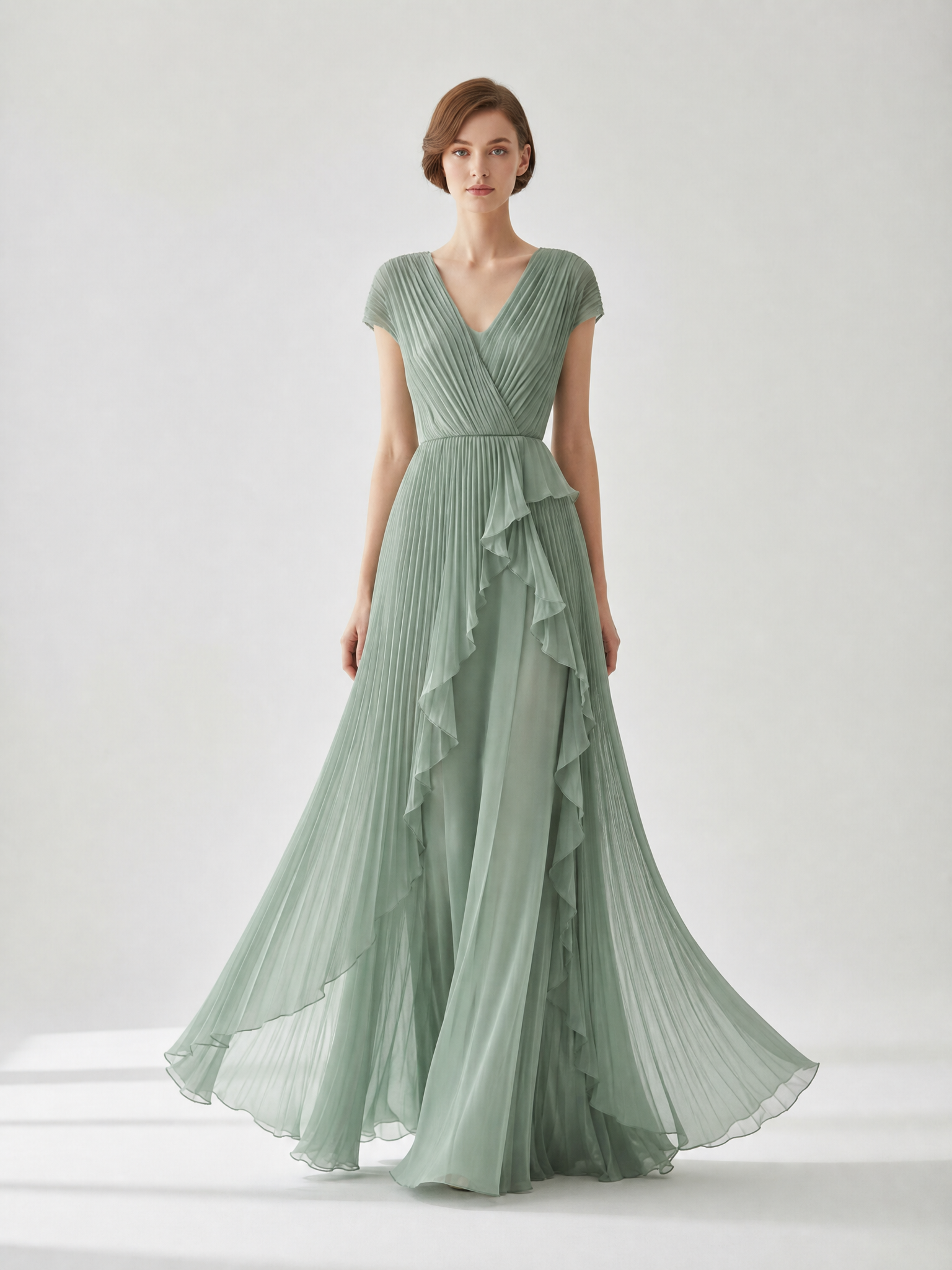 Ethereal Pleated Sage Green Evening Gown