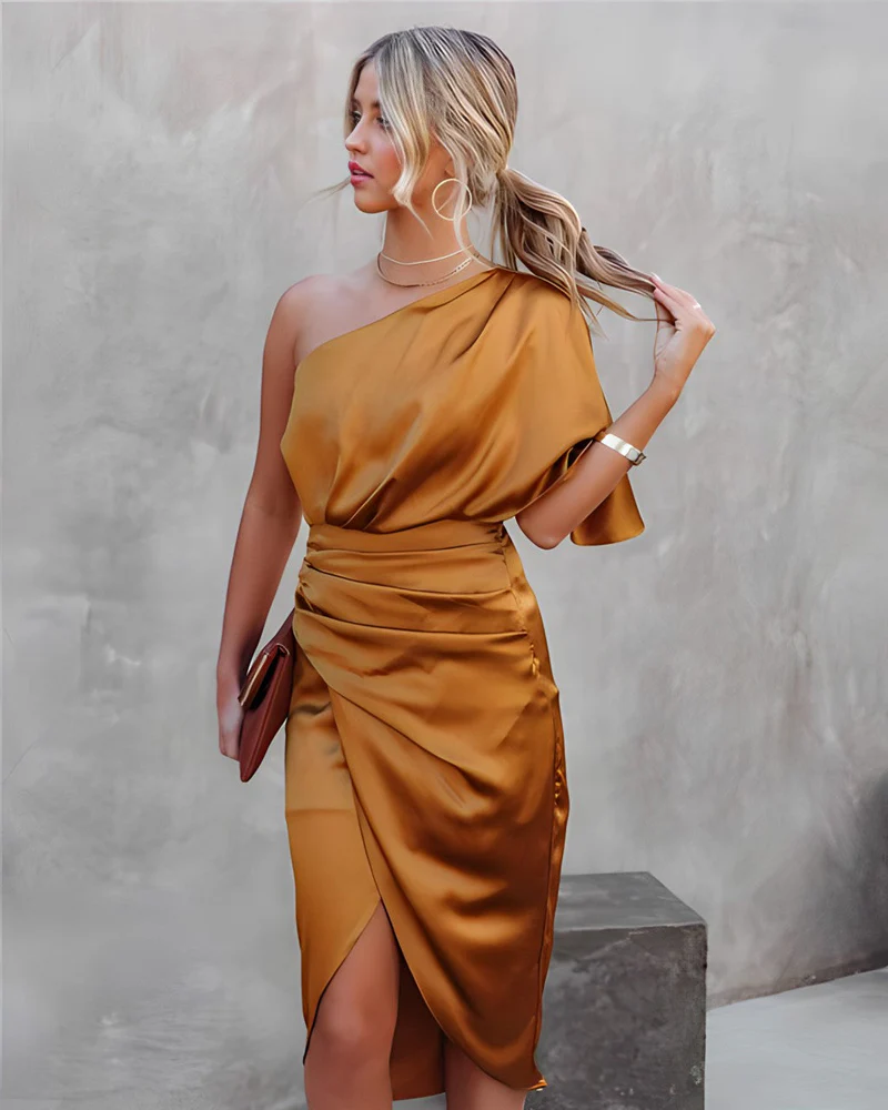 Black Satin One-Shoulder Ruched Midi Dress