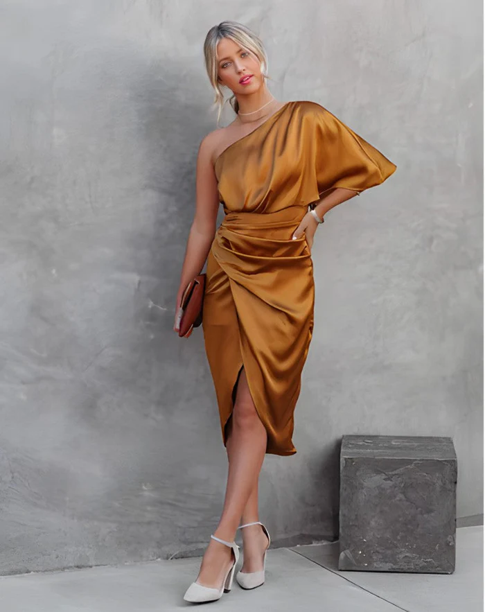 Black Satin One-Shoulder Ruched Midi Dress
