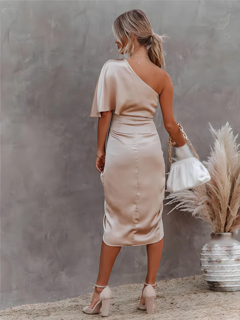 Black Satin One-Shoulder Ruched Midi Dress