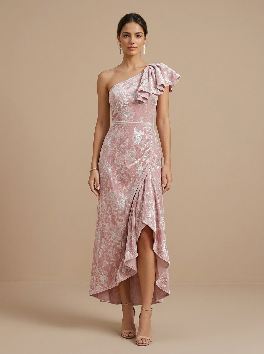 Romantic Floral Velvet One-Shoulder Gown