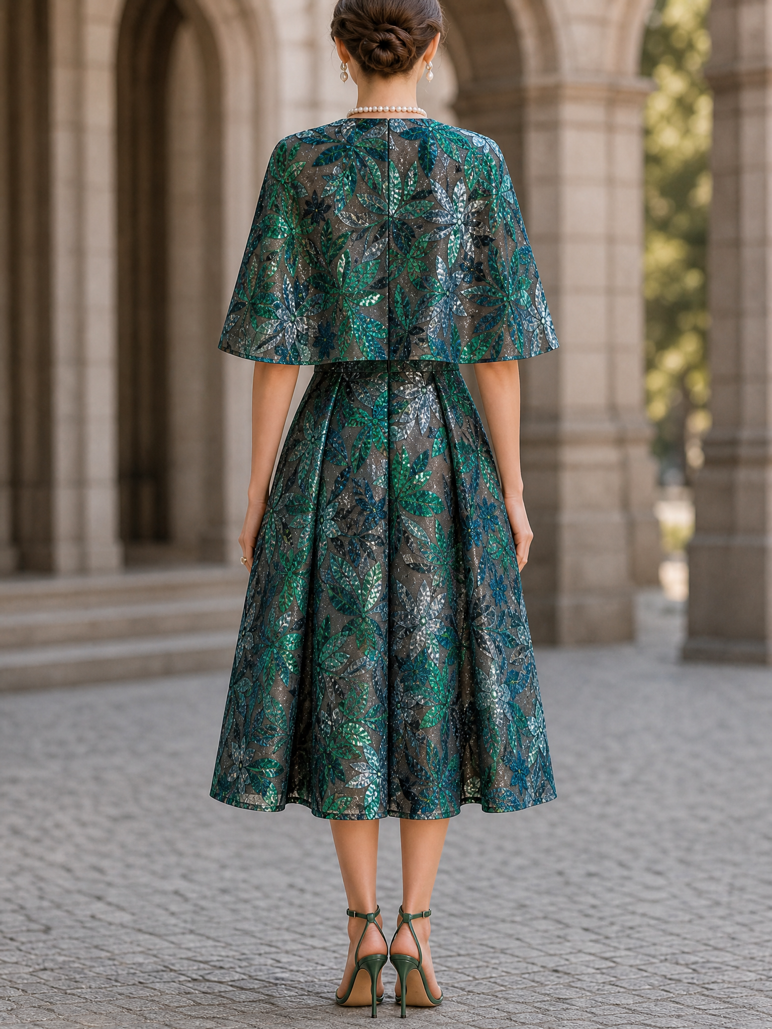 Enchanting Sequin Floral Midi Dress with Cape Overlay
