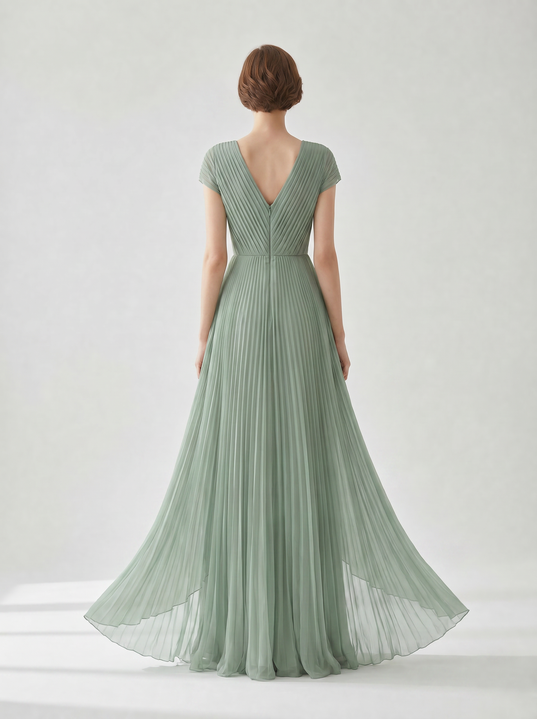 Ethereal Pleated Sage Green Evening Gown