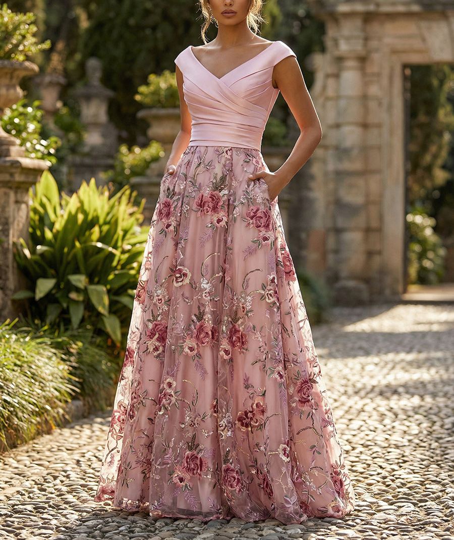 A-Line Floral Jacquard Floor-Length Mother of the Bride & Groom Dresses with Ruched Satin Bodice