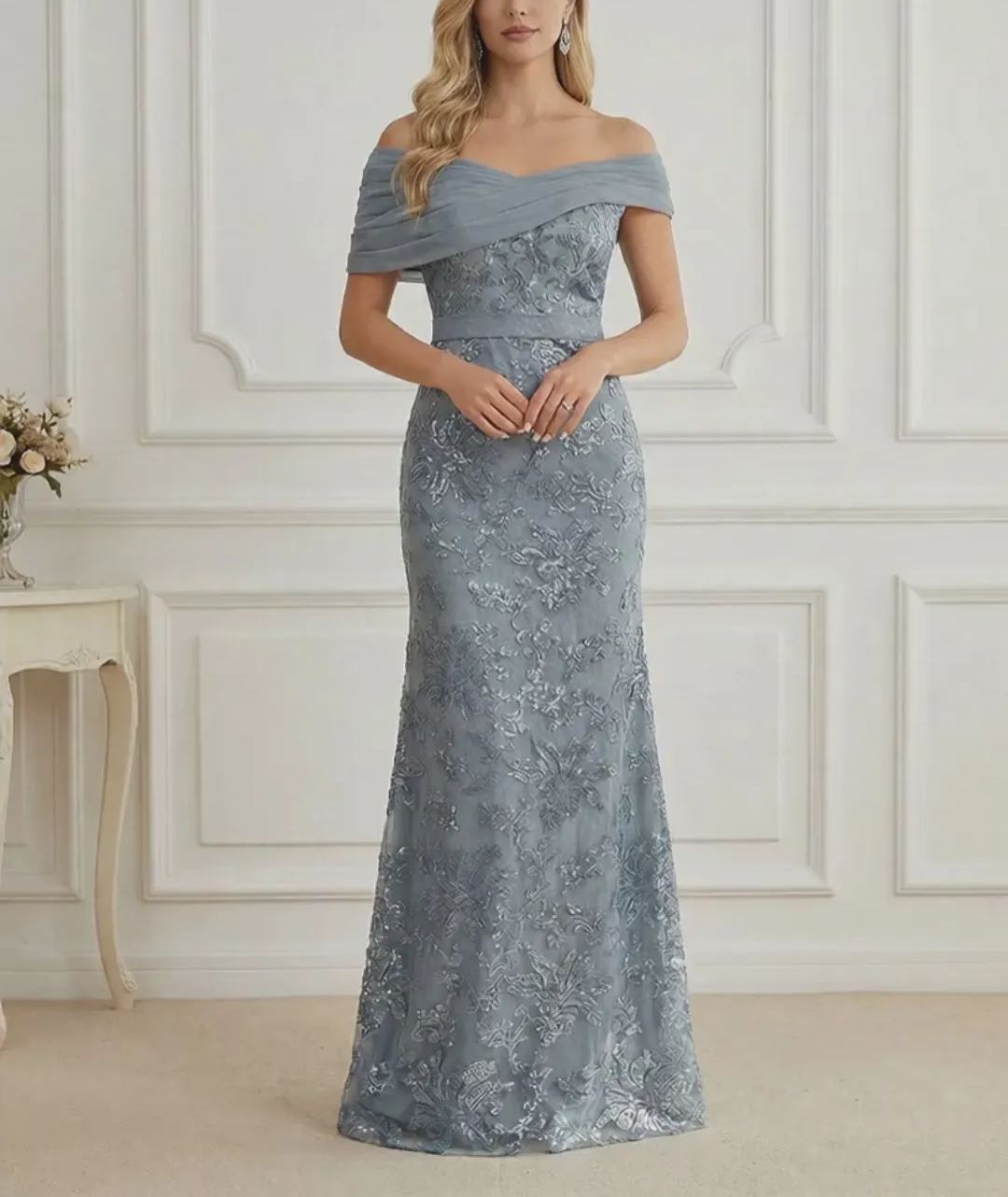 Mermaid Off Shoulder Short Sleeve Long Elegant Mother of the Bride Dresses with Sequin
