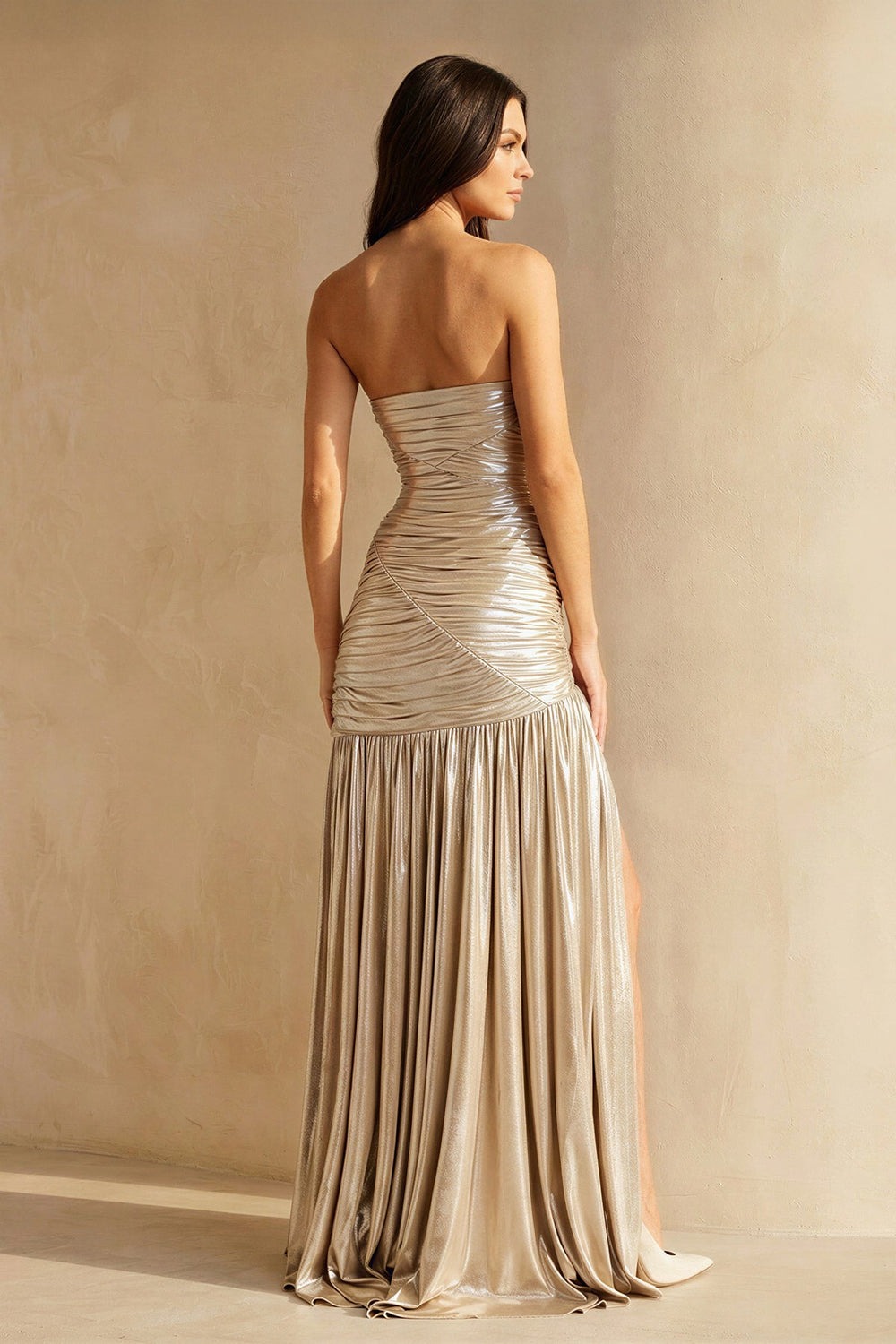 Champagne Metallic Pleated Maxi Dress With Slit