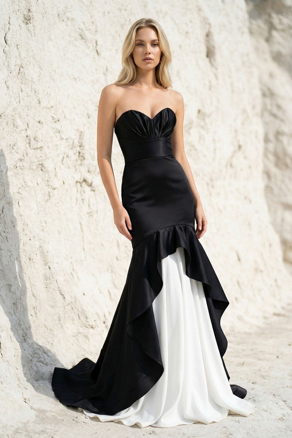 Black and White Satin Ruffled Mermaid Strapless Evening Prom Dress