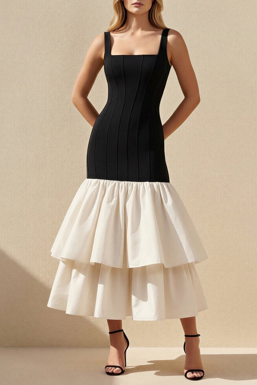 Black and White Square Neck Ruffled Midi Dress