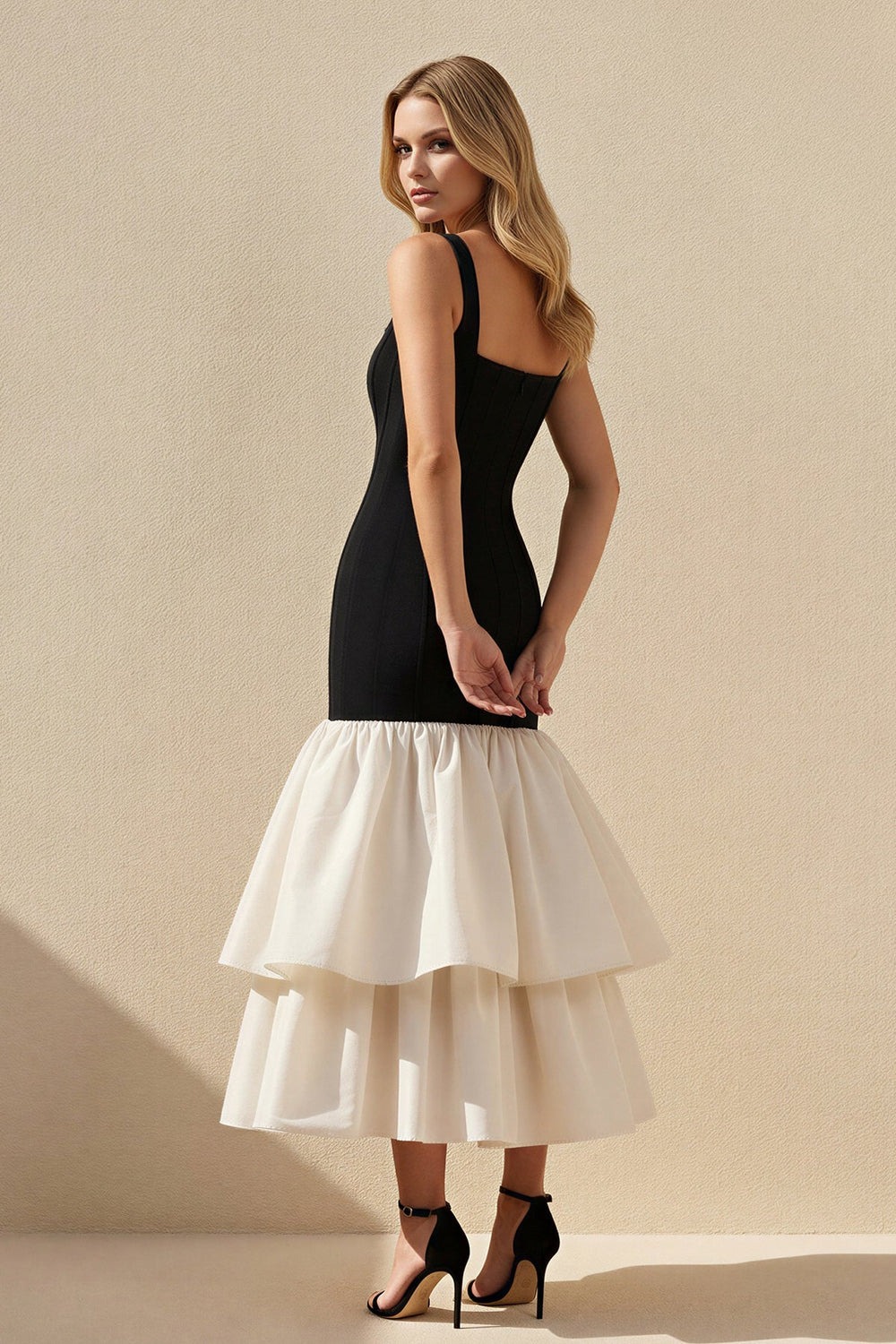 Black and White Square Neck Ruffled Midi Dress