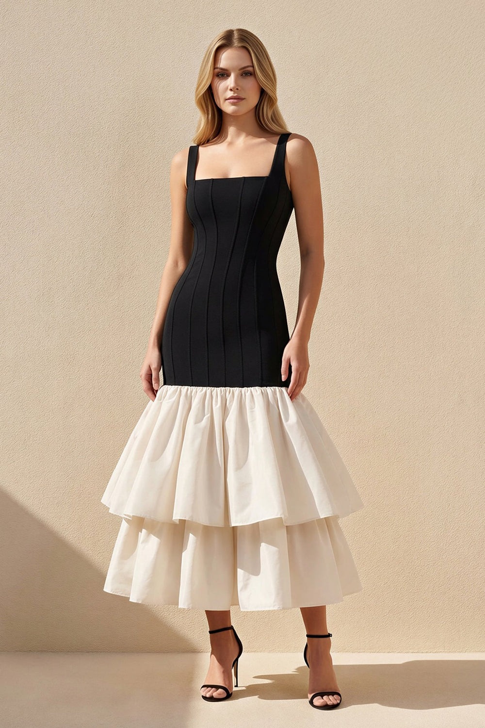 Black and White Square Neck Ruffled Midi Dress