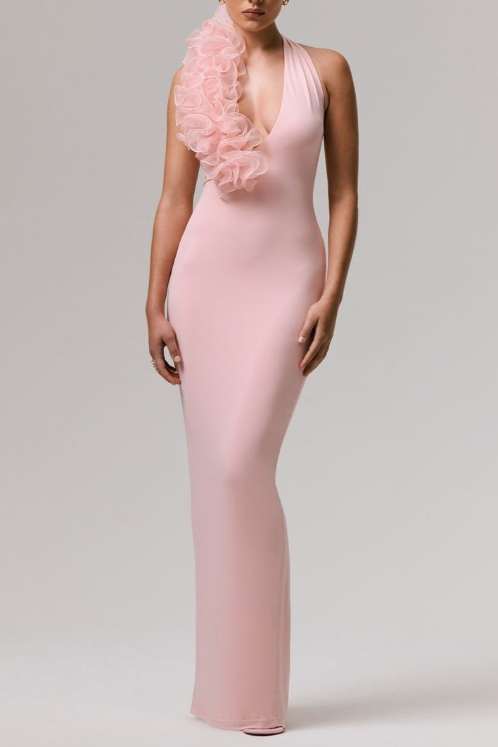 Pink Plunge-Neck Maxi Dress With Floral Detail