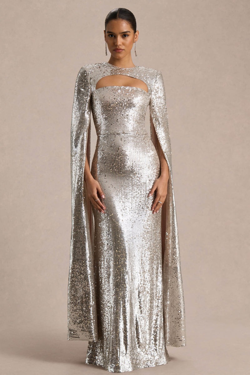 Silver Sequin Crew-Neck Maxi Dress With Cape Sleeves