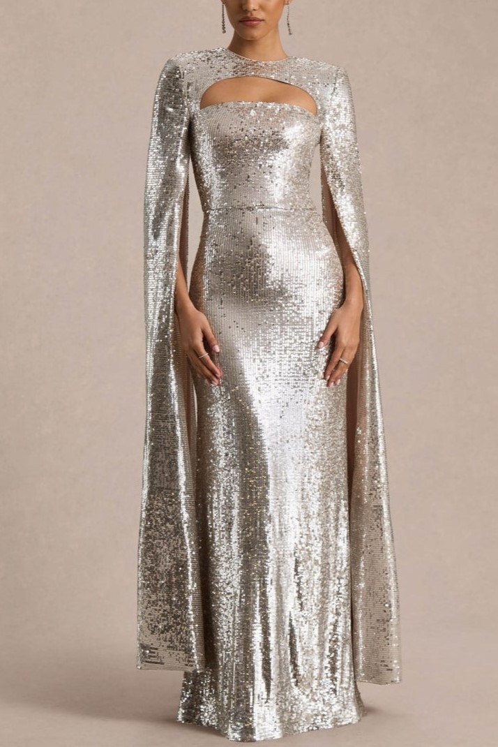 Silver Sequin Crew-Neck Maxi Dress With Cape Sleeves