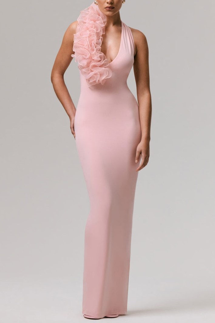 Pink Plunge-Neck Maxi Dress With Floral Detail