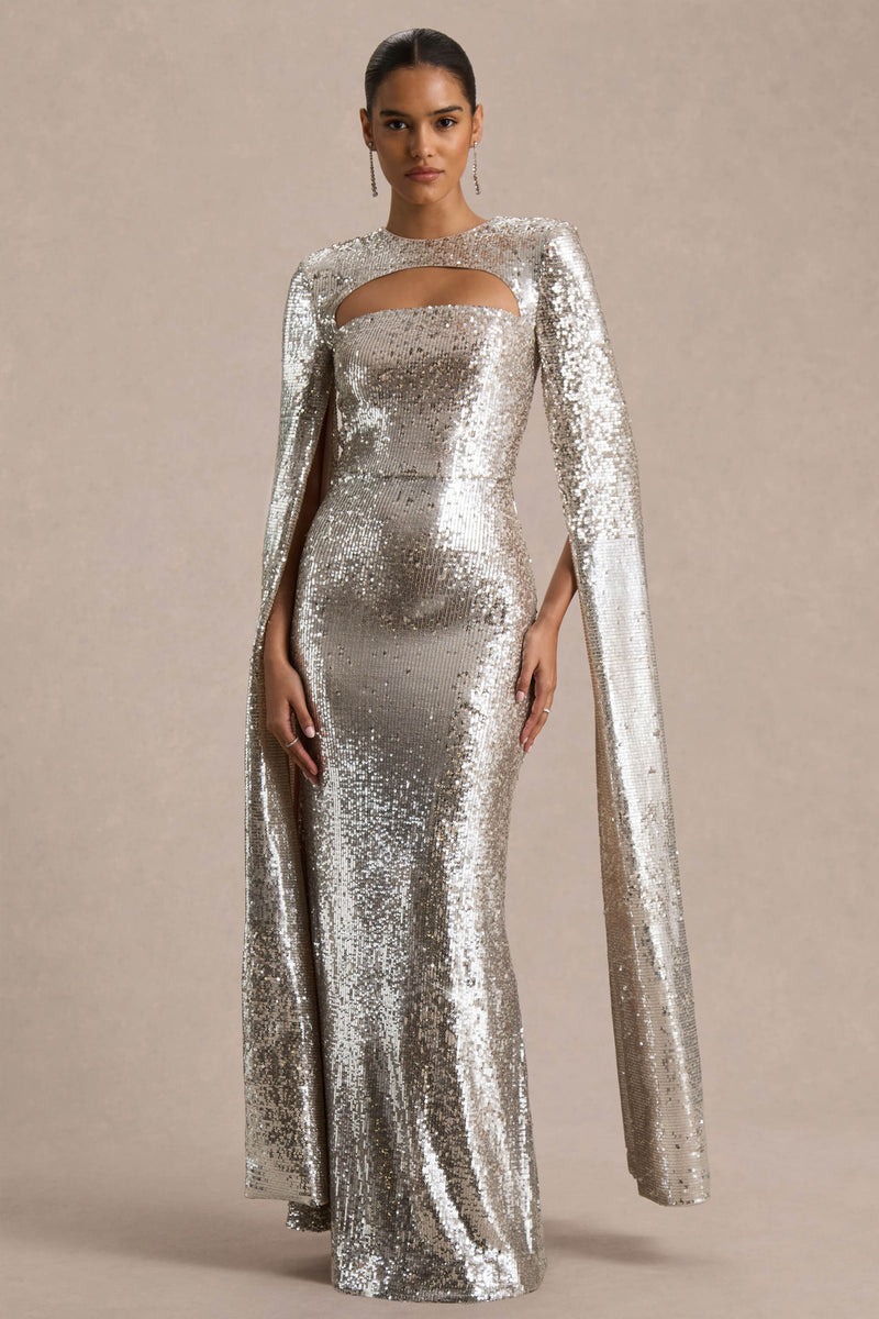 Silver Sequin Crew-Neck Maxi Dress With Cape Sleeves